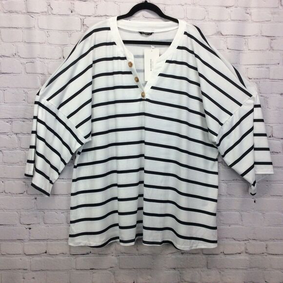 Bloomchic T Shirt Womens Plus Size 26 Black White Striped Oversized V Neck Beach - Picture 5 of 10